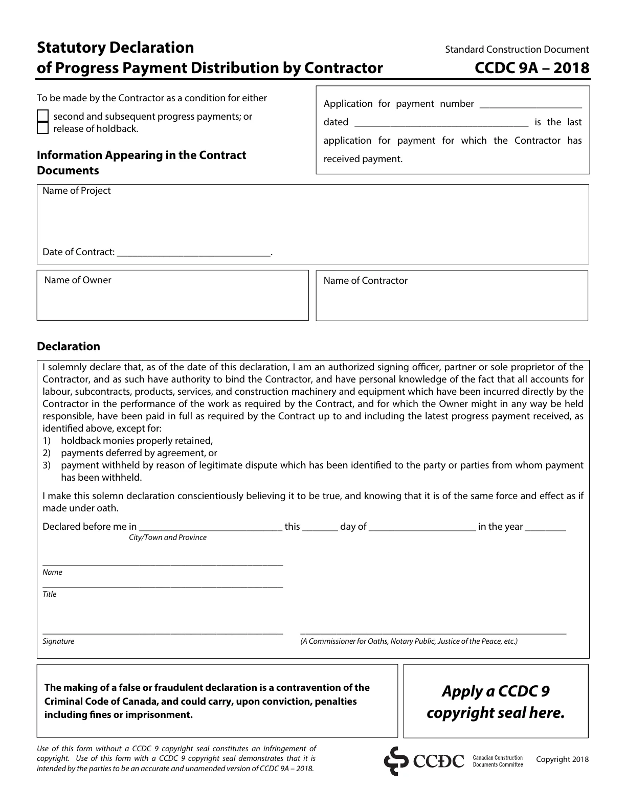 CCDC 9A Statutory Declaration of Progress Payment Distribution by Contractor, official form