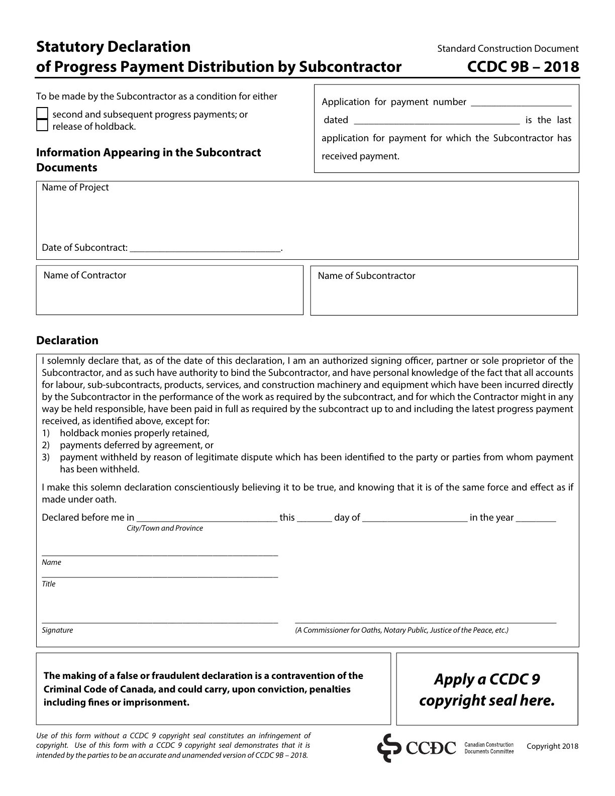 CCDC 9B Statutory Declaration of Progress Payment Distribution by Subcontractor, official form