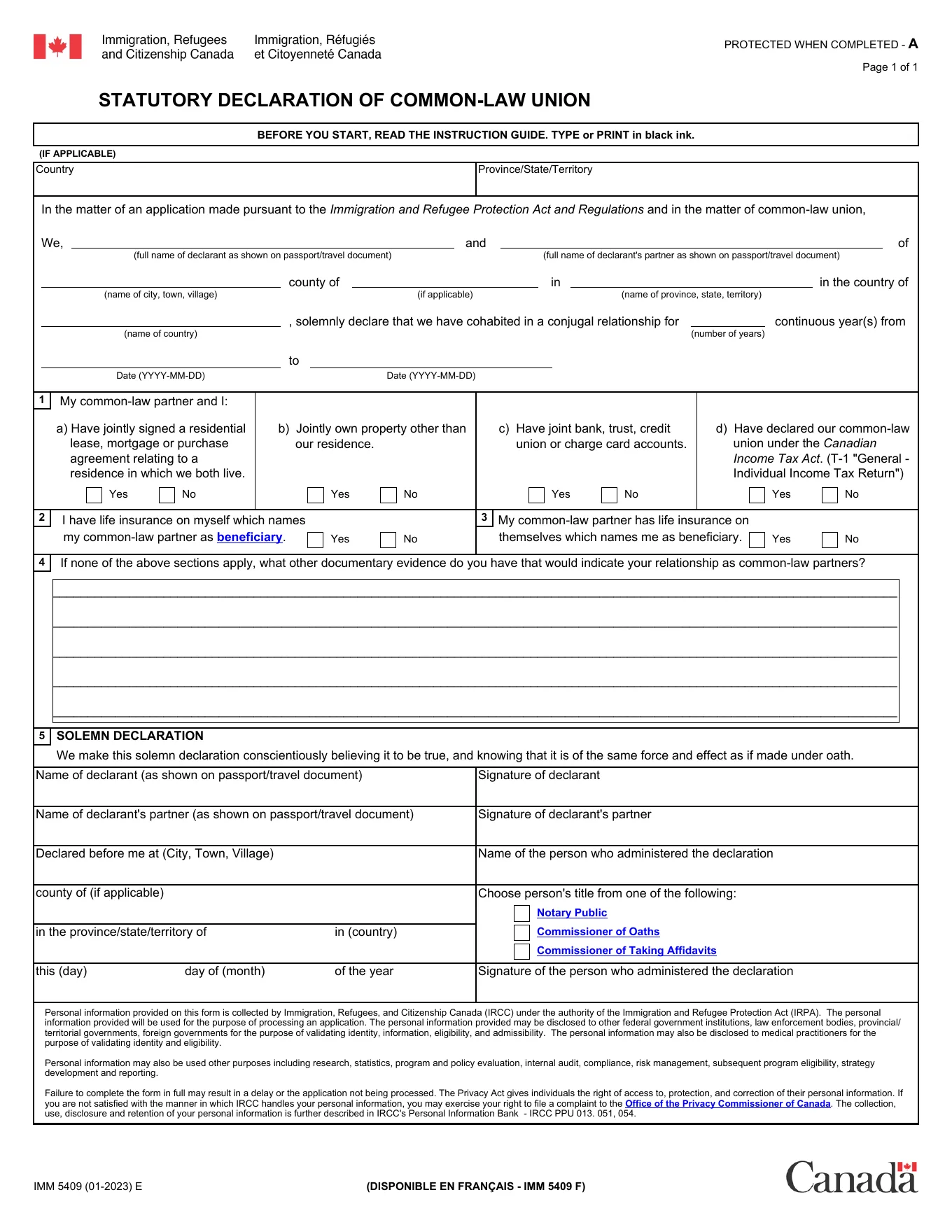 IMM 5409 Statutory Declaration of Common-Law Union, official form