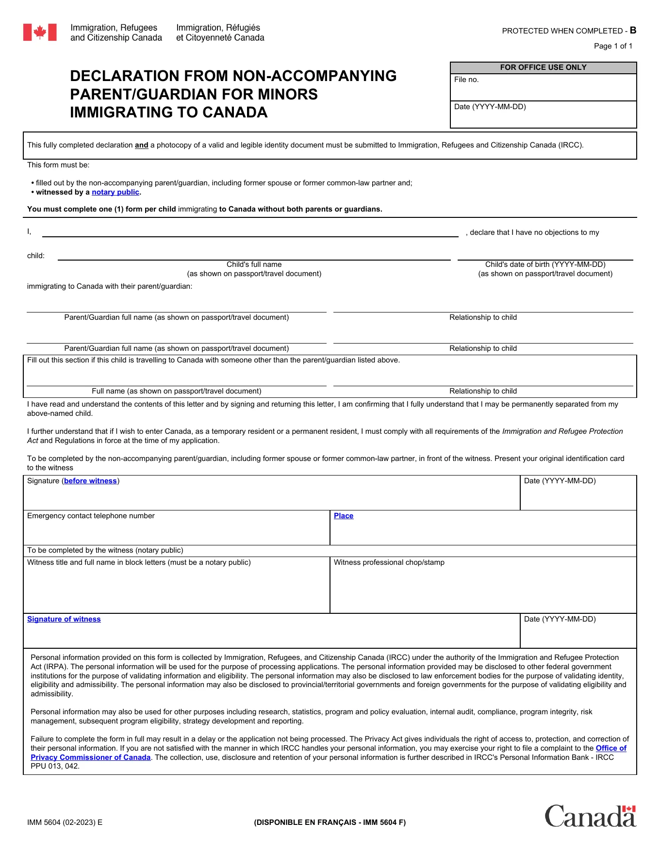 IMM 5604 Declaration from Non-accompanying Parent/Guardian for Minors Immigrating to Canada, official form