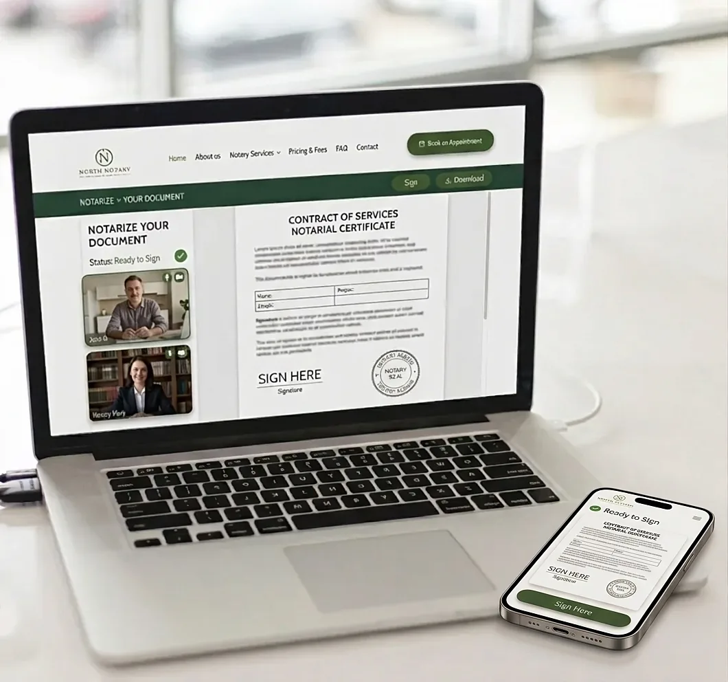 Online notarization on a laptop: a document ready to sign next to a live video call with the notary